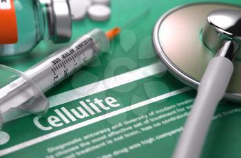 Cellulite - Medical Concept with Blurred Text, Stethoscope, Pills and Syringe on Green Background. Selective Focus. 3d Render.