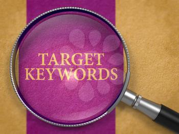 Target Keywords through Magnifying Glass on Old Paper with Dark Lilac Vertical Line Background. 3d Render.