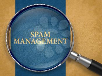 Spam Management through Loupe on Old Paper with Dark Blue Vertical Line Background. 3d Render.