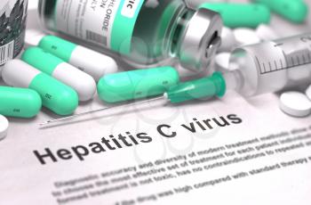Hepatitis C Virus - Printed Diagnosis with Blurred Text. On Background of Medicaments Composition - Mint Green Pills, Injections and Syringe. 3d Render.