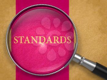 Standards through Loupe on Old Paper with Lilac Vertical Line Background. 3d Render.