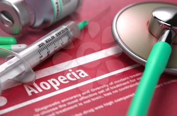 Alopecia - Medical Concept with Blurred Text, Stethoscope, Pills and Syringe on Red Background. Selective Focus. 3d Render.