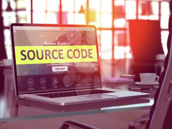 Source Code Concept. Closeup Landing Page on Laptop Screen  on background of Comfortable Working Place in Modern Office. Blurred, Toned Image. 3d Render.