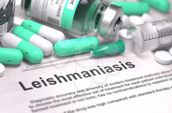 Leishmaniasis - Printed Diagnosis with Blurred Text. On Background of Medicaments Composition - Mint Green Pills, Injections and Syringe. 3D.