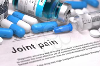 Joint Pain - Printed Diagnosis with Blue Pills, Injections and Syringe. Medical Concept with Selective Focus. 3d Render.