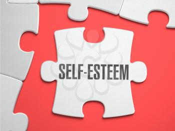 Self-Esteem - Text on Puzzle on the Place of Missing Pieces. Scarlett Background. Closeup. 3d Illustration.