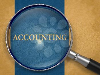Accounting Concept through Magnifier on Old Paper with Dark Blue Vertical Line Background. 3d Render.