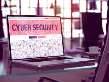 Cyber Security Concept. Closeup Landing Page on Laptop Screen in Doodle Design Style. On Background of Comfortable Working Place in Modern Office. Blurred, Toned Image.
