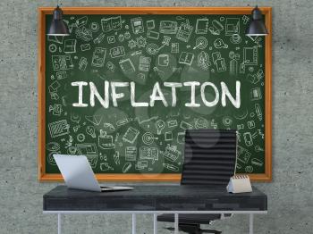 Inflation. Green Chalkboard on the Gray Concrete Wall in the Interior of a Modern Office with Hand Drawn Inflation.  Business Concept with Doodle Style Elements. 3d.