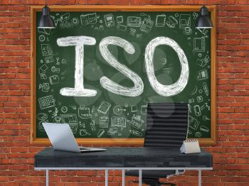 ISO -  International Organization Standardization - Hand Drawn on Green Chalkboard in Modern Office Workplace. Illustration with Doodle Design Elements. 3D.