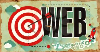 Web Concept on Old Poster in Flat Design with Red Target, Rocket and Arrow. Internet Concept.