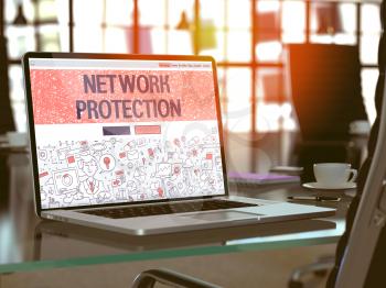 Network Protection Concept. Closeup Landing Page on Laptop Screen in Doodle Design Style. On Background of Comfortable Working Place in Modern Office. Blurred, Toned Image. 3D Render.