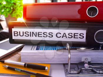 Business Cases - Black Ring Binder on Office Desktop with Office Supplies and Modern Laptop. Business Cases Business Concept on Blurred Background. Business Cases - Toned Illustration. 3D Render.