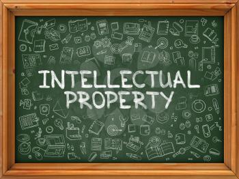 Intellectual Property - Hand Drawn on Chalkboard. Intellectual Property with Doodle Icons Around. 3d Render.