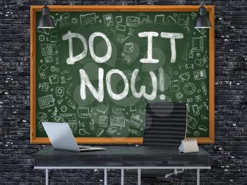 Do it Now - Hand Drawn on Green Chalkboard in Modern Office Workplace. Illustration with Doodle Design Elements. 3D.
