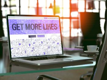 Get More Likes - Closeup Landing Page in Doodle Design Style on Laptop Screen. On Background of Comfortable Working Place in Modern Office. Toned, Blurred Image.  3D Render.