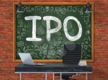 Green Chalkboard with the Text IPO - Initial Public Offering - Hangs on the Red Brick Wall in the Interior of a Modern Office. Illustration with Doodle Style Elements. 3D.