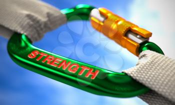 Strong Connection between Green Carabiner and Two White Ropes Symbolizing the Strength. Selective Focus. 3d Render.