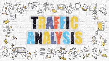 Traffic Analysis Concept. Modern Line Style Illustration. Multicolor Traffic Analysis Drawn on White Brick Wall. Doodle Icons. Doodle Design Style of Traffic Analysis Concept.