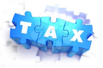 Tax - White Word on Blue Puzzles on White Background. 3D Illustration.