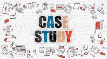 Case Study Concept. Case Study Drawn on White Wall. Case Study in Multicolor. Modern Style Illustration. Doodle Design Style of Case Study. Line Style Illustration. White Brick Wall.