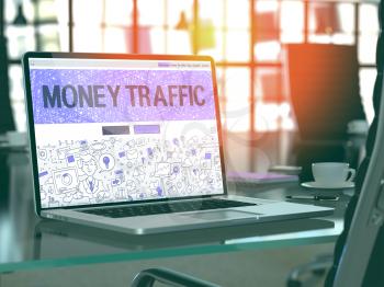 Money Traffic Concept - Closeup on Landing Page of Laptop Screen in Modern Office Workplace. Toned Image with Selective Focus. 3D Render.