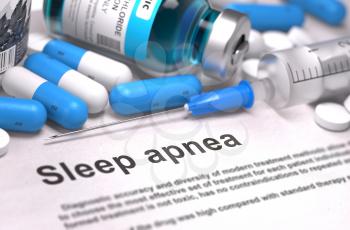 Sleep Apnea - Printed Diagnosis with Blue Pills, Injections and Syringe. Medical Concept with Selective Focus. 3D Render.