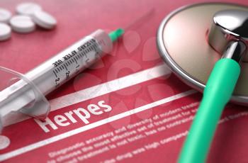 Herpes - Medical Concept with Blurred Text, Stethoscope, Pills and Syringe on Red Background. Selective Focus. 3D Render.
