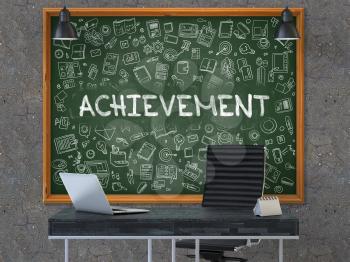 Achievement - Handwritten Inscription by Chalk on Green Chalkboard with Doodle Icons Around. Business Concept in the Interior of a Modern Office on the Dark Old Concrete Wall Background. 3D.