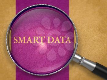 Smart Data through Lens on Old Paper with Dark Lilac Vertical Line Background. 3D Render.