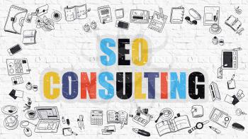 SEO - Search Engine Optimization - Consulting Concept. SEO - Search Engine Optimization - Consulting Drawn on White Wall. Doodle Design. Doodle Design. Line Style Illustration. White Brick Wall.
