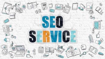 SEO - Search Engine Optimization - Service Concept. SEO - Search Engine Optimization - Service Drawn on White Wall. Modern Style Illustration. Doodle Design Line Style Illustration. White Brick Wall.