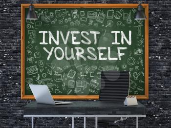 Invest in Yourself - Hand Drawn on Green Chalkboard in Modern Office Workplace. Illustration with Doodle Design Elements. 3D.