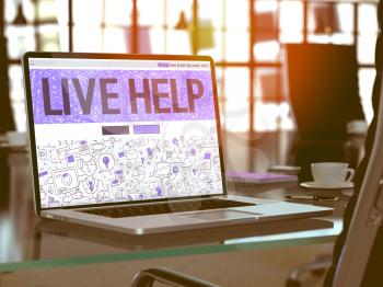 Live Help Concept. Closeup Landing Page on Laptop Screen in Doodle Design Style. On Background of Comfortable Working Place in Modern Office. Blurred, Toned Image. 3D Render.