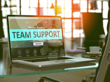 Team Support Concept - Closeup on Laptop Screen in Modern Office Workplace. Toned Image with Selective Focus. 3D Render.