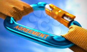 Strong Connection between Blue Carabiner and Two Orange Ropes Symbolizing the Agreement. Selective Focus. 3D Render.