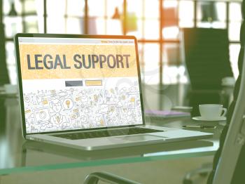 Legal Support Concept Closeup on Landing Page of Laptop Screen in Modern Office Workplace. Toned Image with Selective Focus. 3D Render.