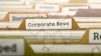 Corporate News Concept on Folder Register in Multicolor Card Index. Closeup View. Selective Focus. 3D Render.