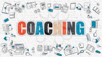 Coaching - Multicolor Concept with Doodle Icons Around on White Brick Wall Background. Modern Illustration with Elements of Doodle Design Style.