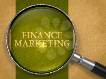 Finance Marketing through Magnifying Glass on Old Paper with Dark Green Vertical Line Background. 3D Render.