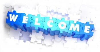 Welcome - White Word on Blue Puzzles on White Background. 3D Illustration.