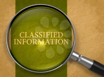 Classified Information through Magnifying Glass on Old Paper with Dark Green Vertical Line Background. 3D Render.