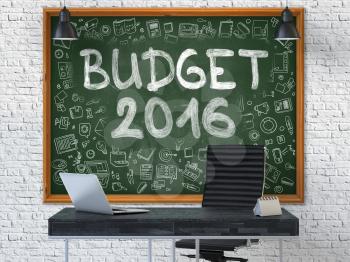 Budget 2016 - Hand Drawn on Green Chalkboard in Modern Office Workplace. Illustration with Doodle Design Elements. 3D.