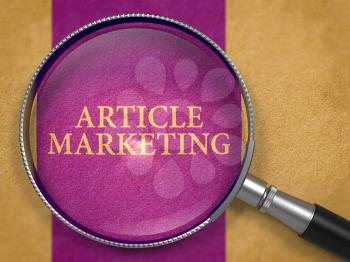 Article Marketing Concept through Magnifier on Old Paper with Dark Lilac Vertical Line Background. 3D Render.