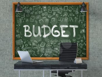 Budget - Hand Drawn on Green Chalkboard in Modern Office Workplace. Illustration with Doodle Design Elements. 3D.