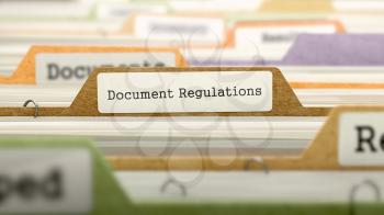 File Folder Labeled as Document Regulations in Multicolor Archive. Closeup View. Blurred Image. 3D Render.