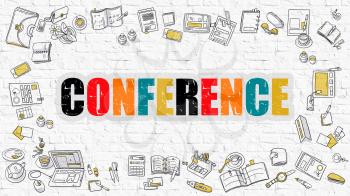 Conference Concept. Modern Line Style Illustration. Multicolor Conference Drawn on White Brick Wall. Doodle Icons. Doodle Design Style of Conference Concept.