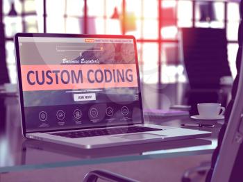 Custom Coding Concept. Closeup Landing Page on Laptop Screen  on background of Comfortable Working Place in Modern Office. Blurred, Toned Image. 3D Render.