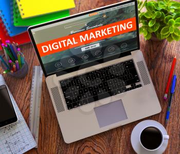 Digital Marketing on Laptop Screen. Internet Marketing, E-Marketing Concept. 3D Render.