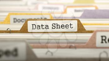 Data Sheet Concept on File Label in Multicolor Card Index. Closeup View. Selective Focus.  3D Render.